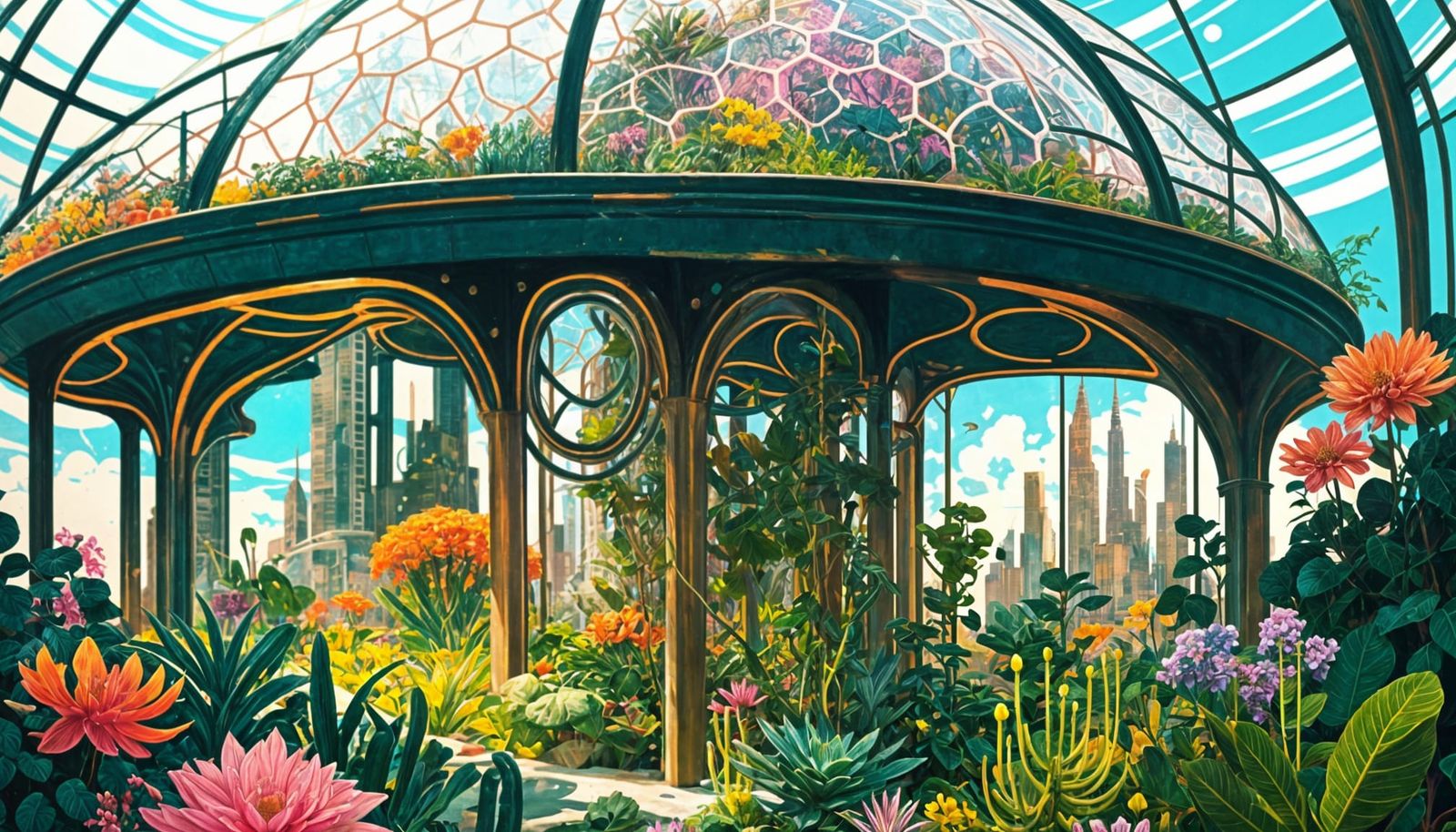 Retrofuturistic Greenhouse City with Vibrant Flora
