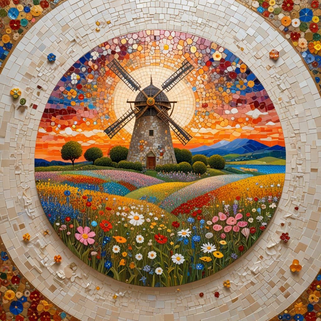 Wildflowers at Sunset Behind Mosaic Collage Landscape