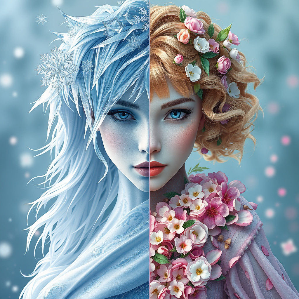 Dual Persona: Winter and Spring Fantasy Portrait