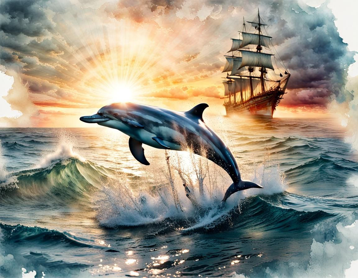 Dolphin's Joyful Leap at Sunset: Watercolor Style