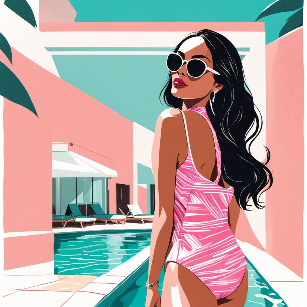 Latina Woman by the Pool in Julia Pott Style