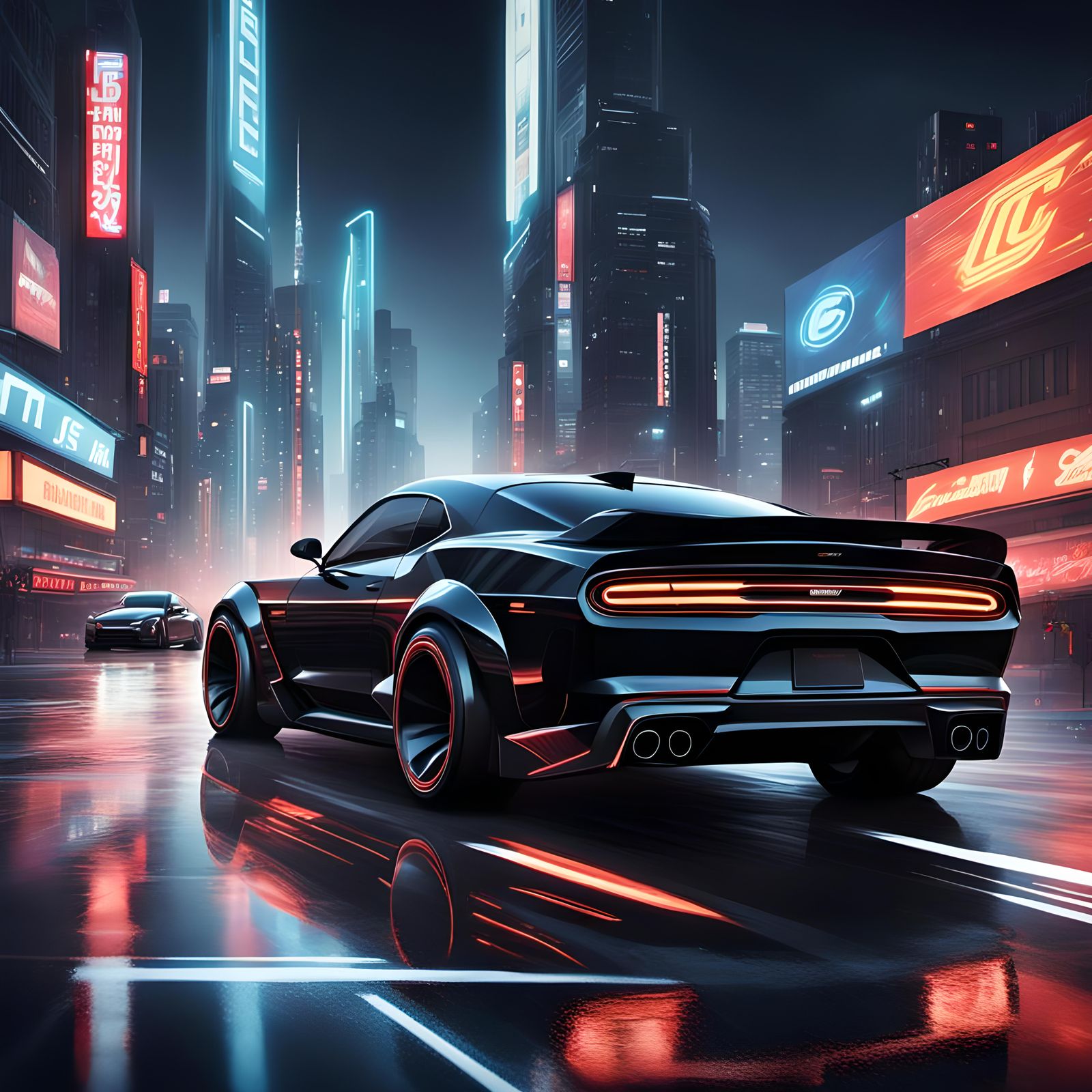 Sleek Black Muscle Car in Futuristic Glamour Style