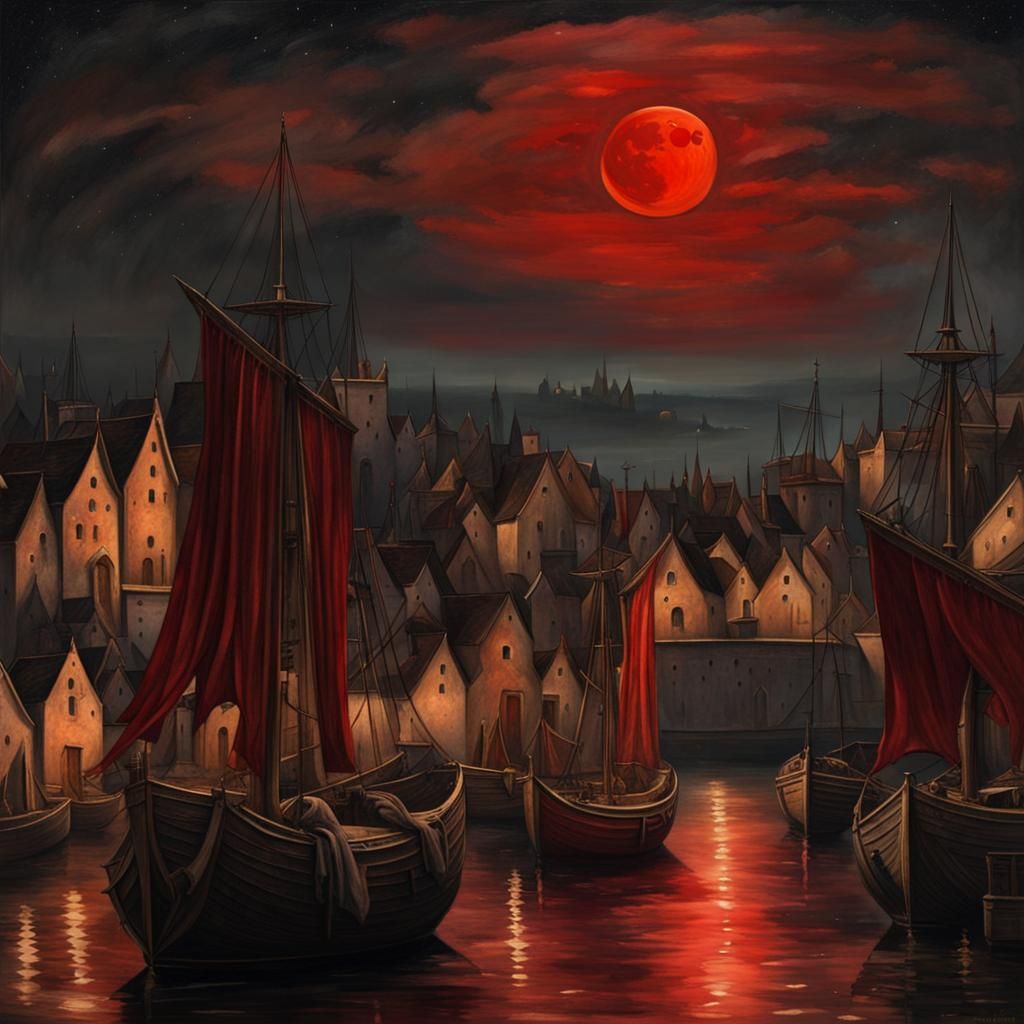 Gothic Medieval Harbor Under Blood Red Moon