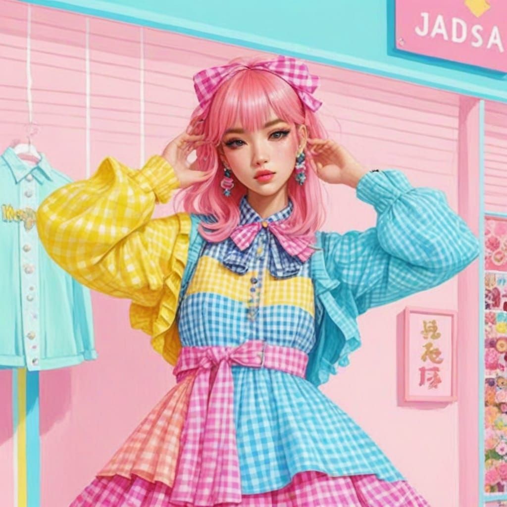 Japanese Fashion Illustration in Vibrant Gingham Style
