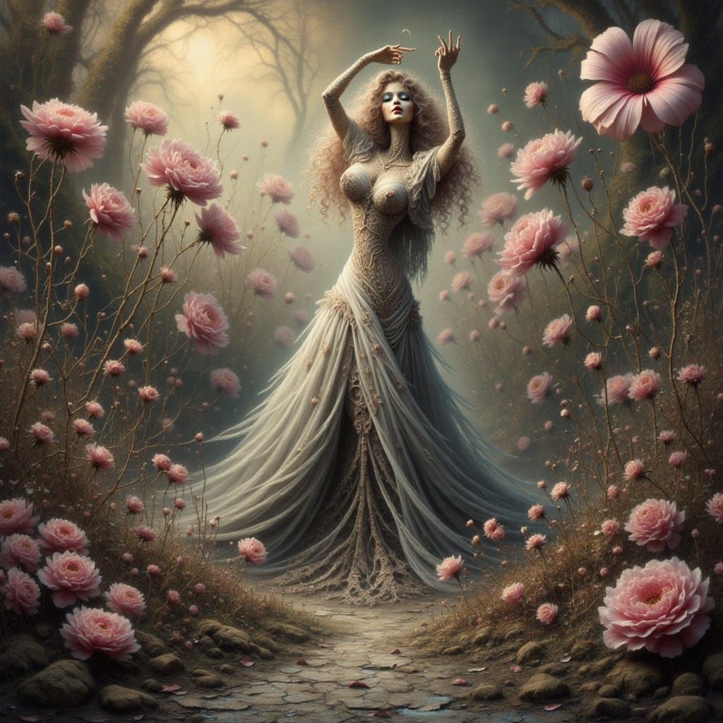 Cracked Porcelain Hand Points to Sky in Surreal Garden