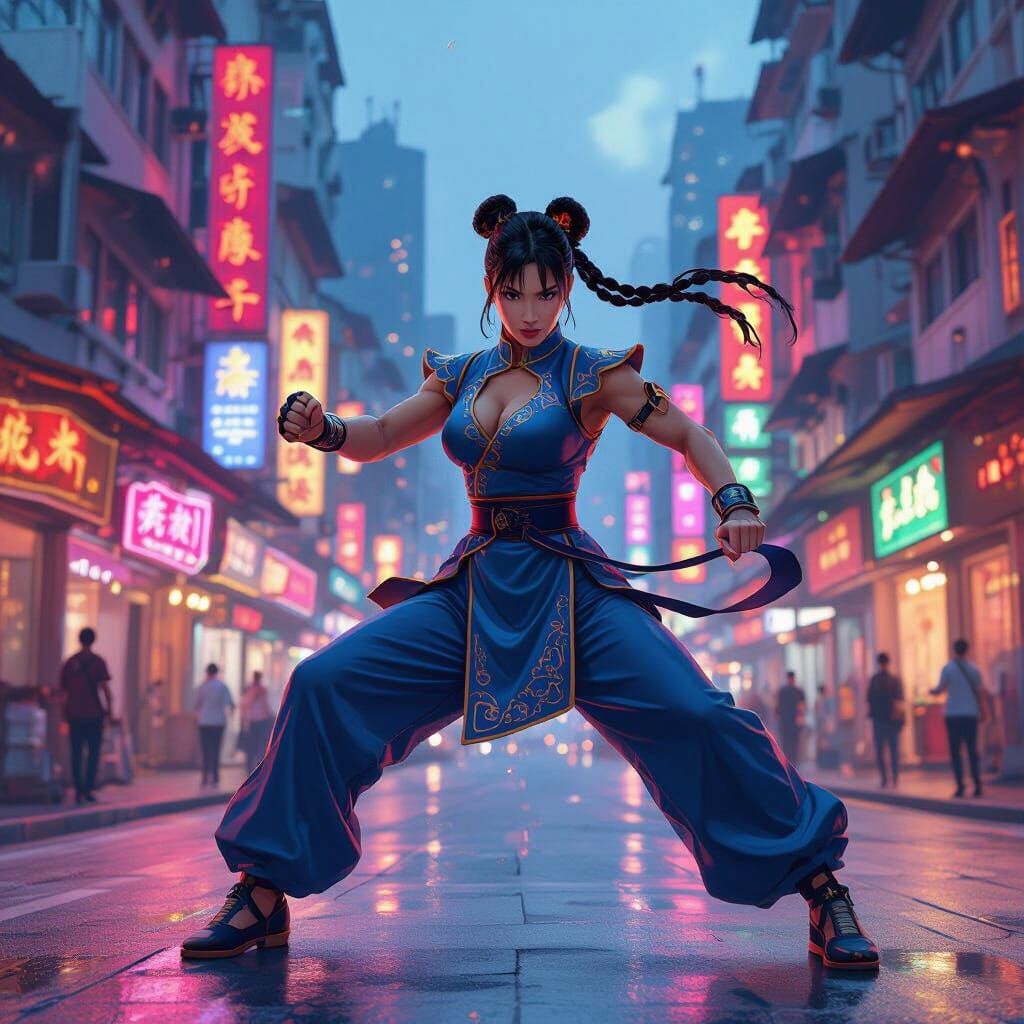 Chun Li in Neon Hong Kong Streetscape