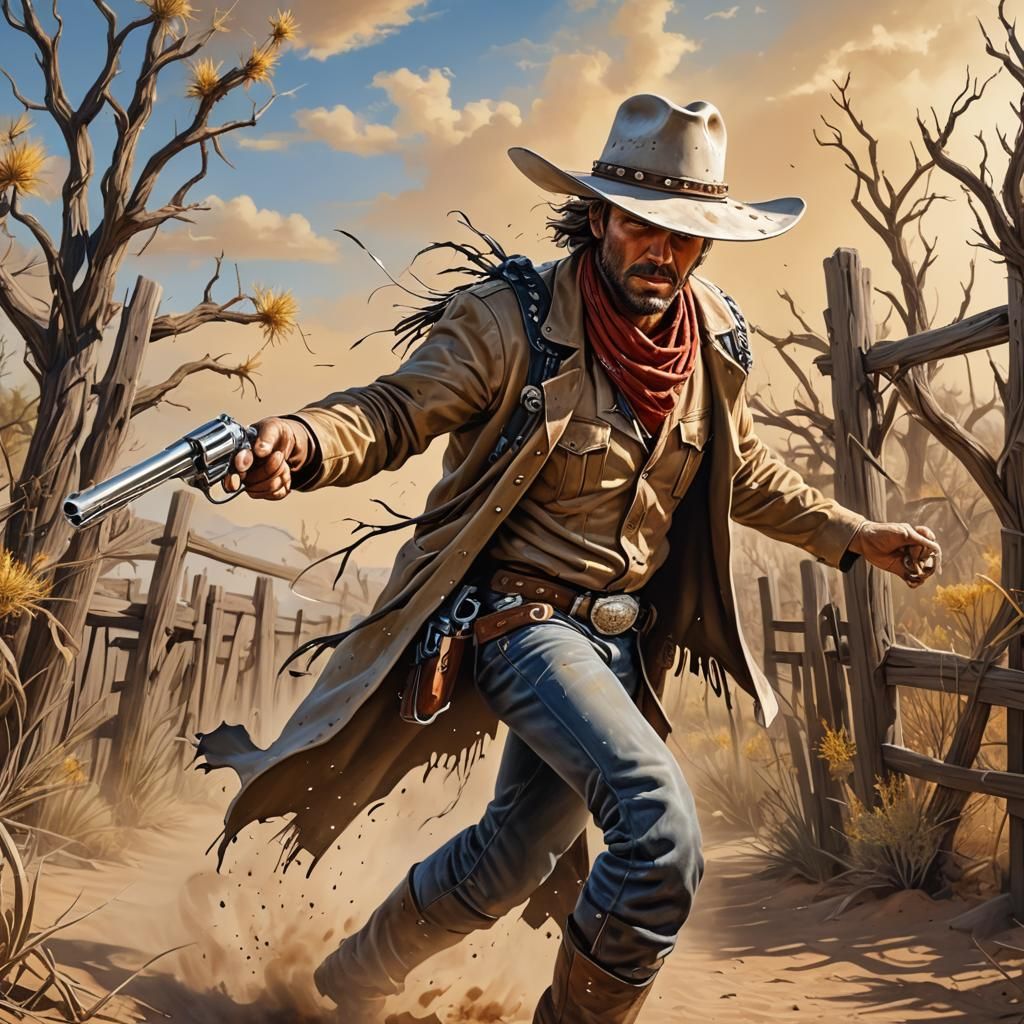Hyperrealistic Gunslinger in Desert Showdown