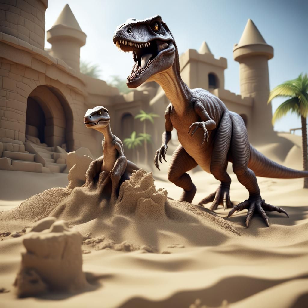 Dinosaurs Building Sandcastle: Hyperdetailed 3D Render