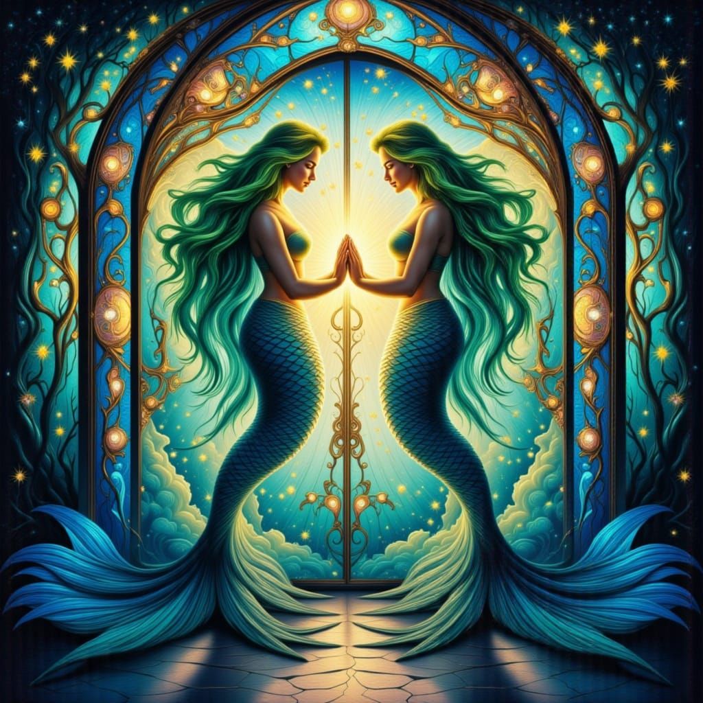Symmetrical Mermaids Touching Palms by Cosmic Stained Glass