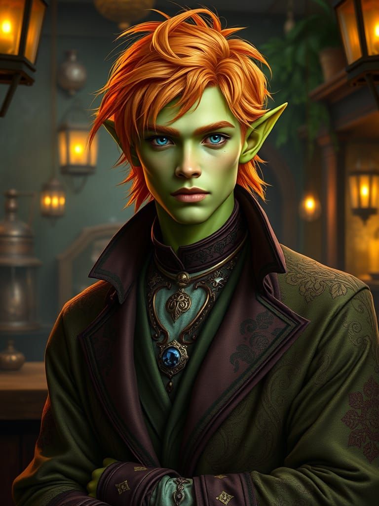 Exotic Green Elf in Victorian Fantasy Attire
