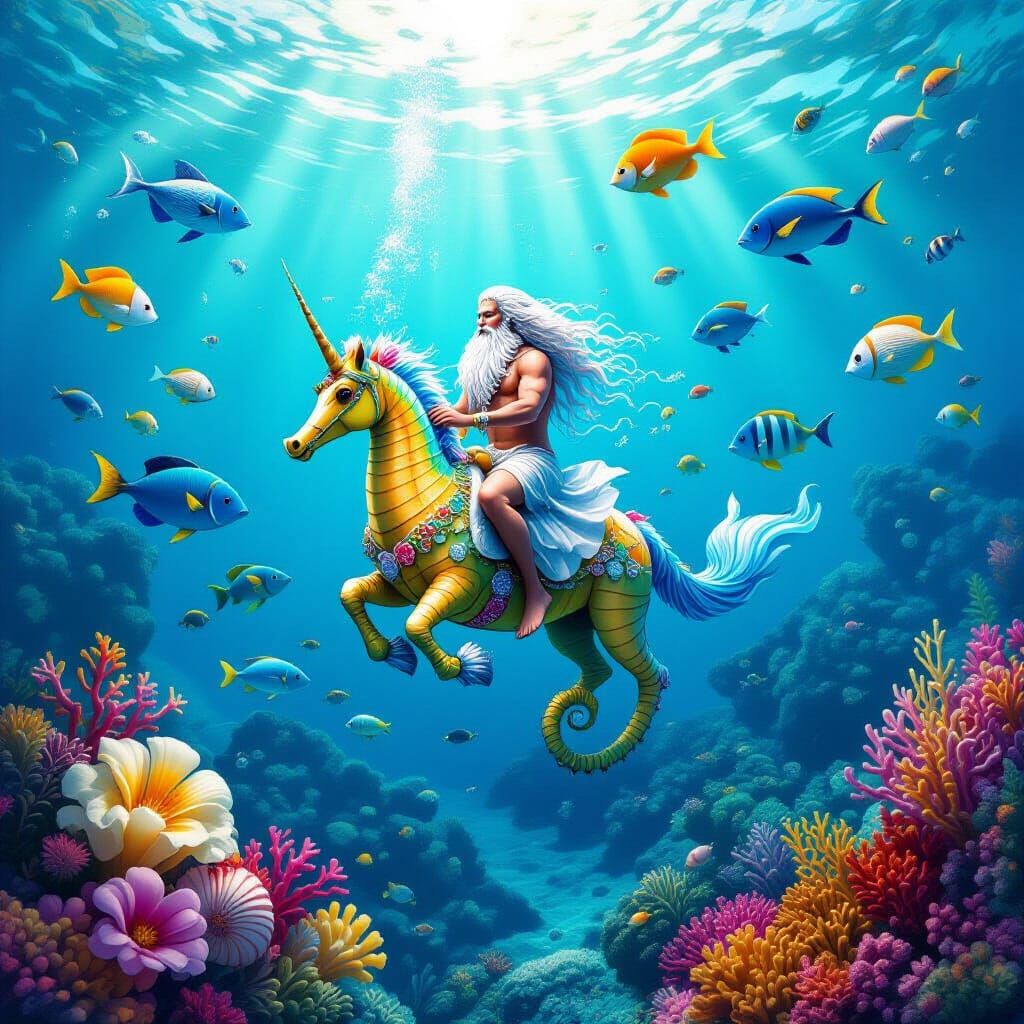 Njord Rides Seahorse in Vibrant Underwater World