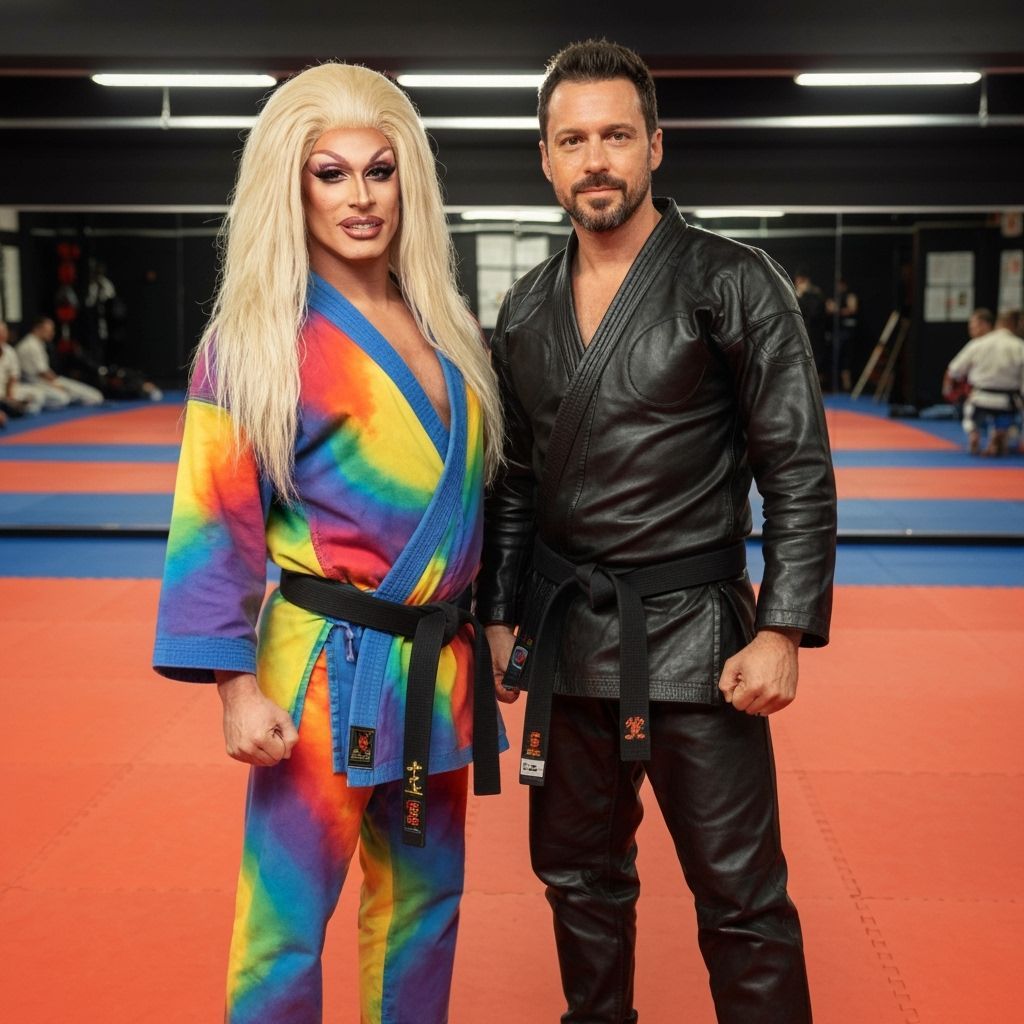 Drag Queen and Man in Leather Karate Uniforms
