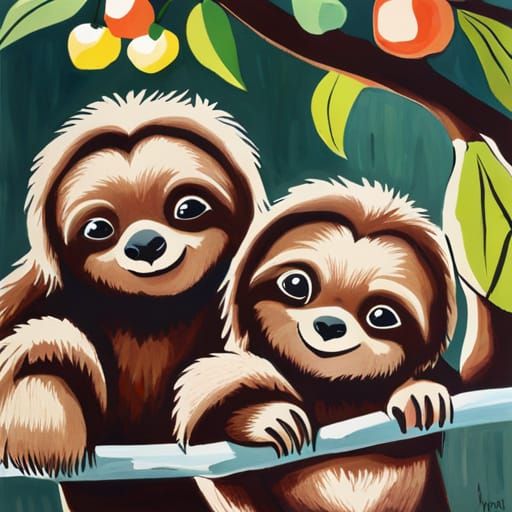 Baby Sloths Feast: A Gouache Storybook Scene