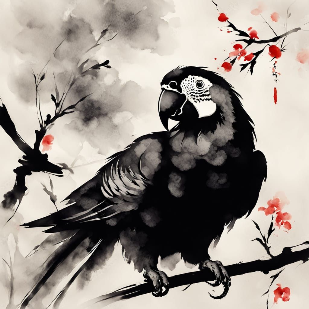 Parrot on Branch in Sumi-e Style