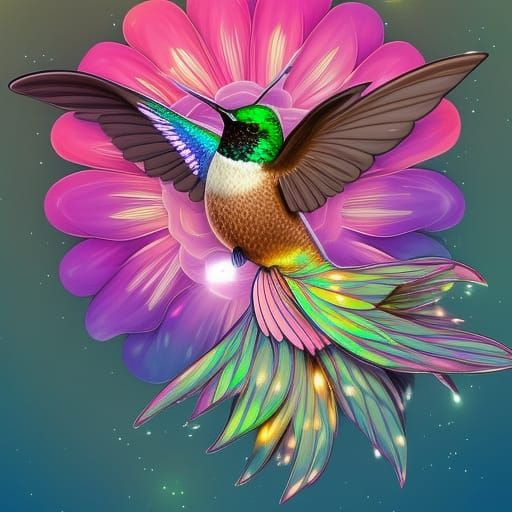 Hummingbird on Rainbow Flower: Digital Illustration