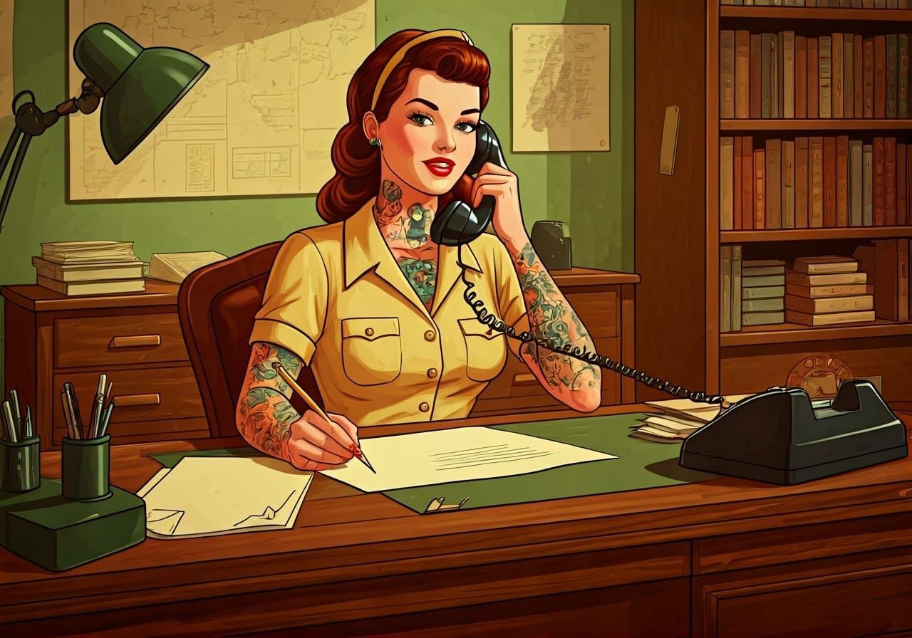 Vintage Pinup Girl Secretary in Retro Office Setting