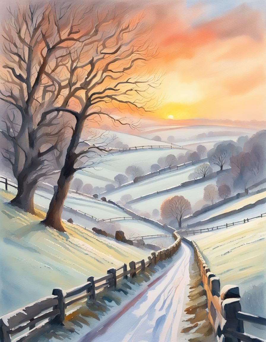 Snowy Yorkshire Dales Sunrise in Gouache Style