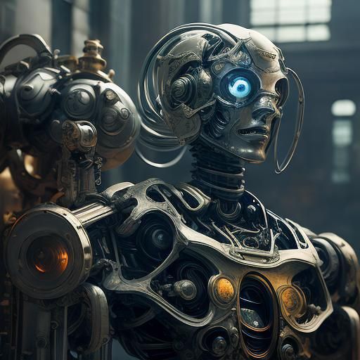 Cracked Android Face in Renaissance Digital Oil Painting