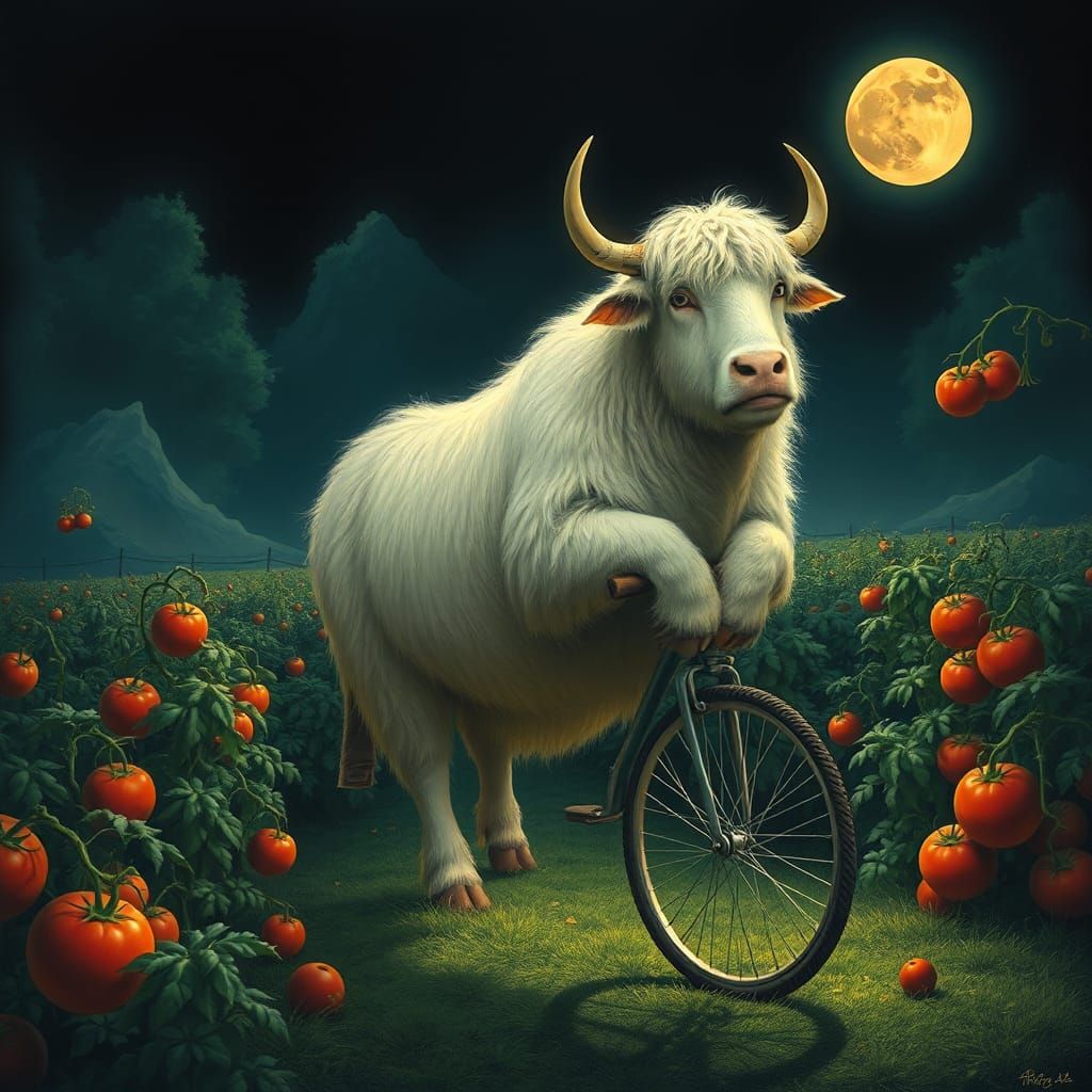 Surreal Yak on Unicycle, Maxfield Parrish Style