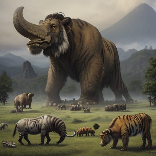 Prehistoric Beasts in a Lush Ancient Landscape