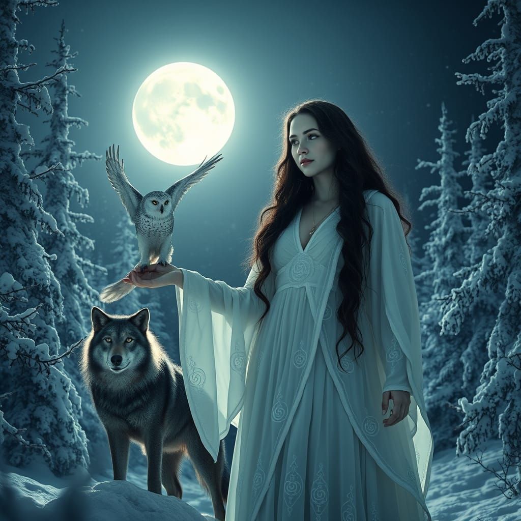 etheral, moon goddess, snow owl, wolf, full moon, white flowing robes, black fair, fair complexation, Wiccan, Masterpiec...