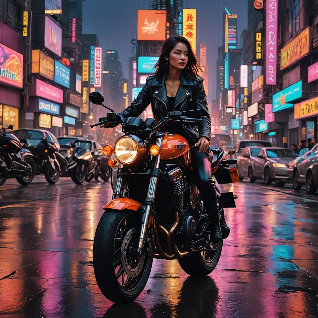 Cyberpunk Woman with Motorcycle in Neon Cityscape