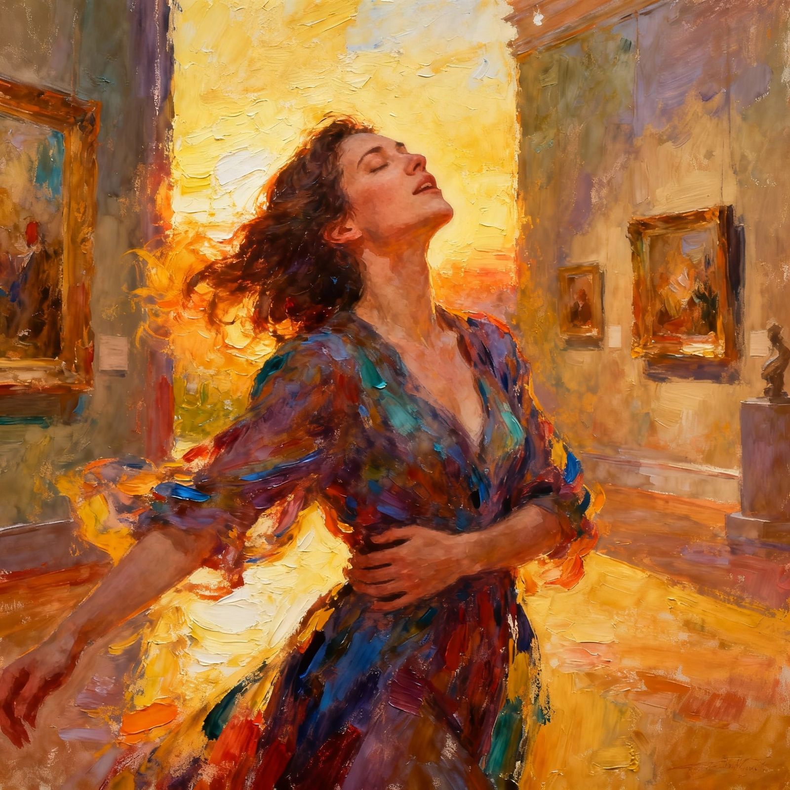 Woman Embraces Freedom After Marriage in Impressionist Gouac...