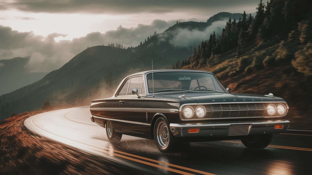 Black 1964 Ford Fairlane Thunderbolt on Mountain Road