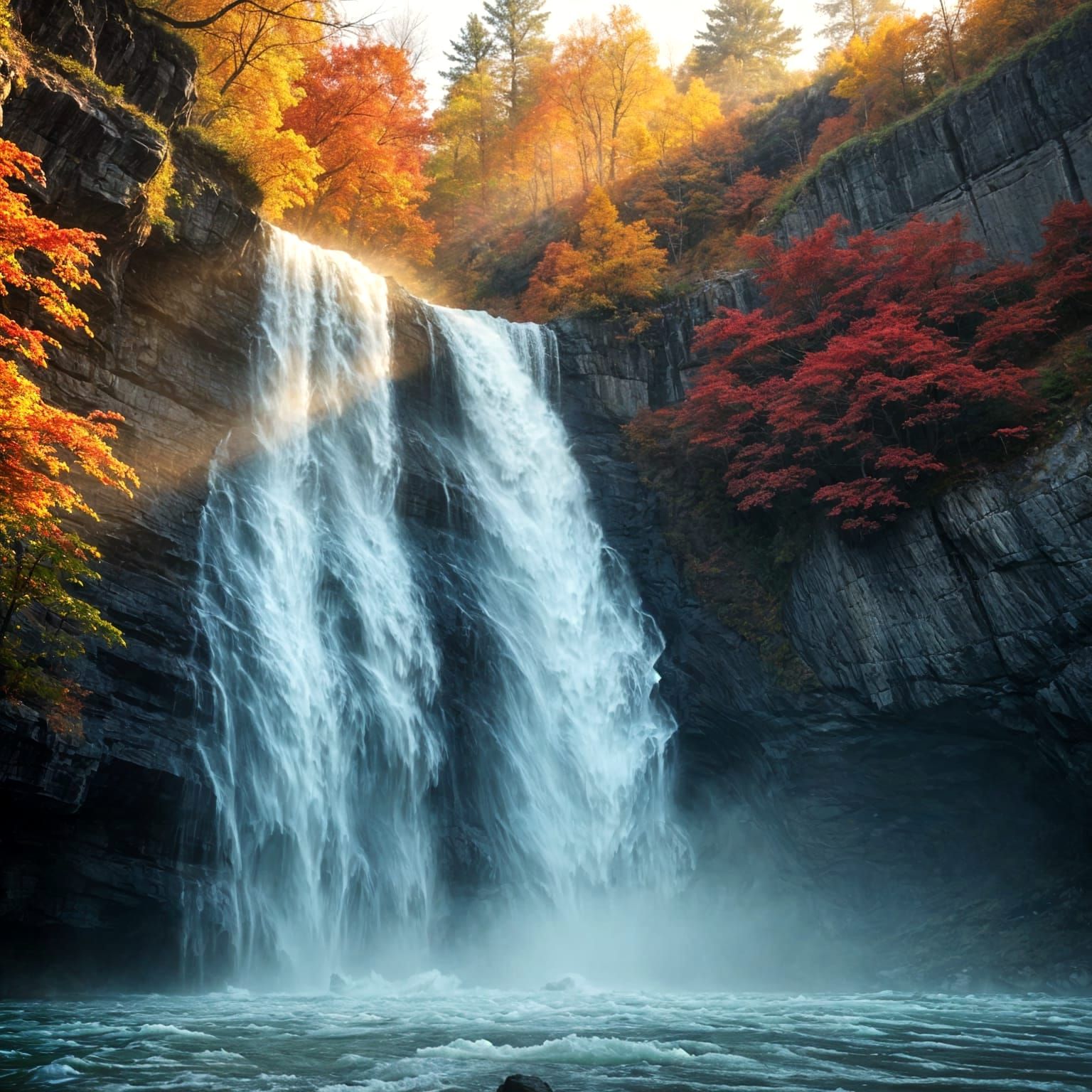 Majestic Autumn Waterfall in Golden Light