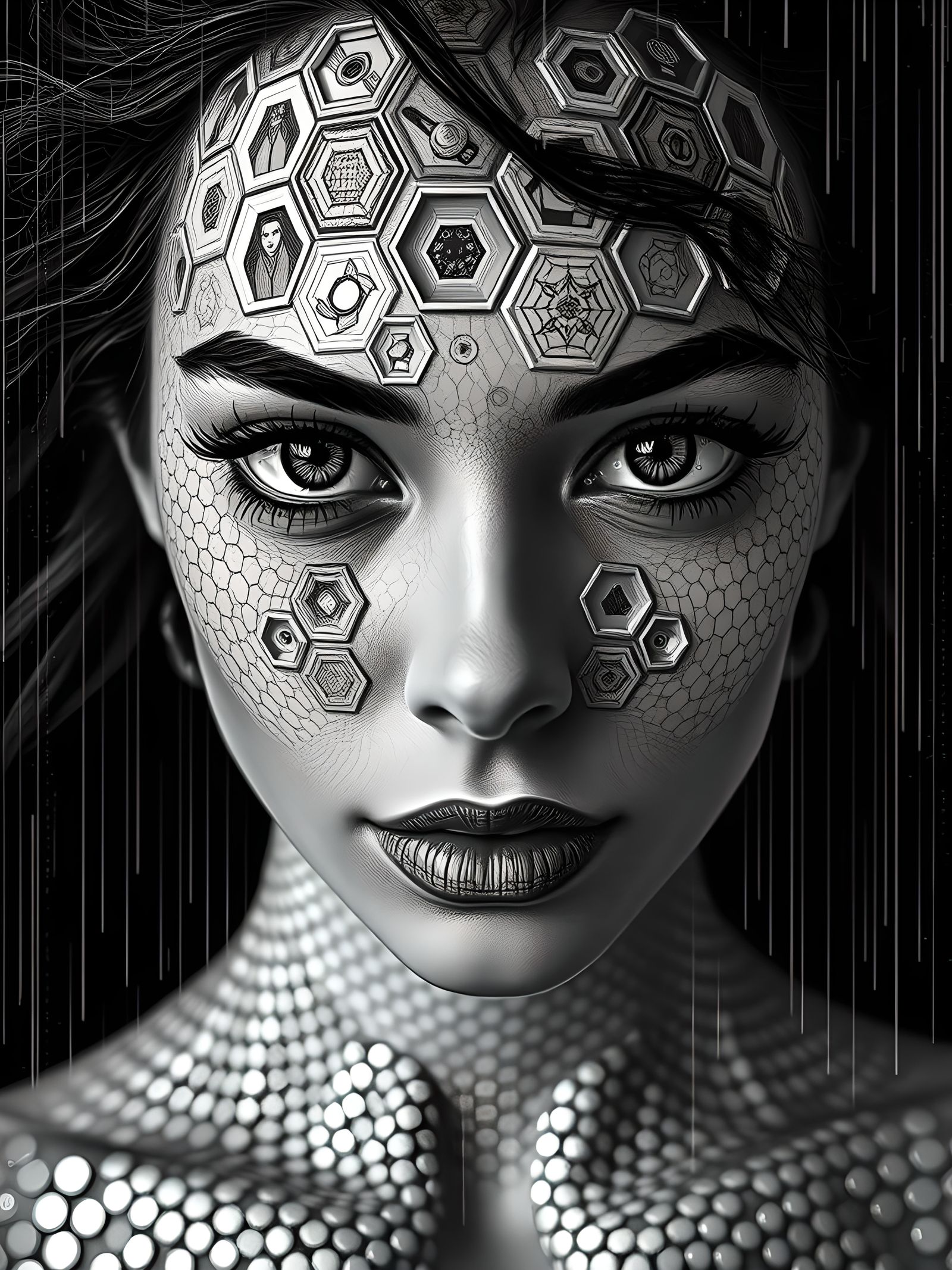 Elegant Woman Portrait in Hexagonal Mosaic Form