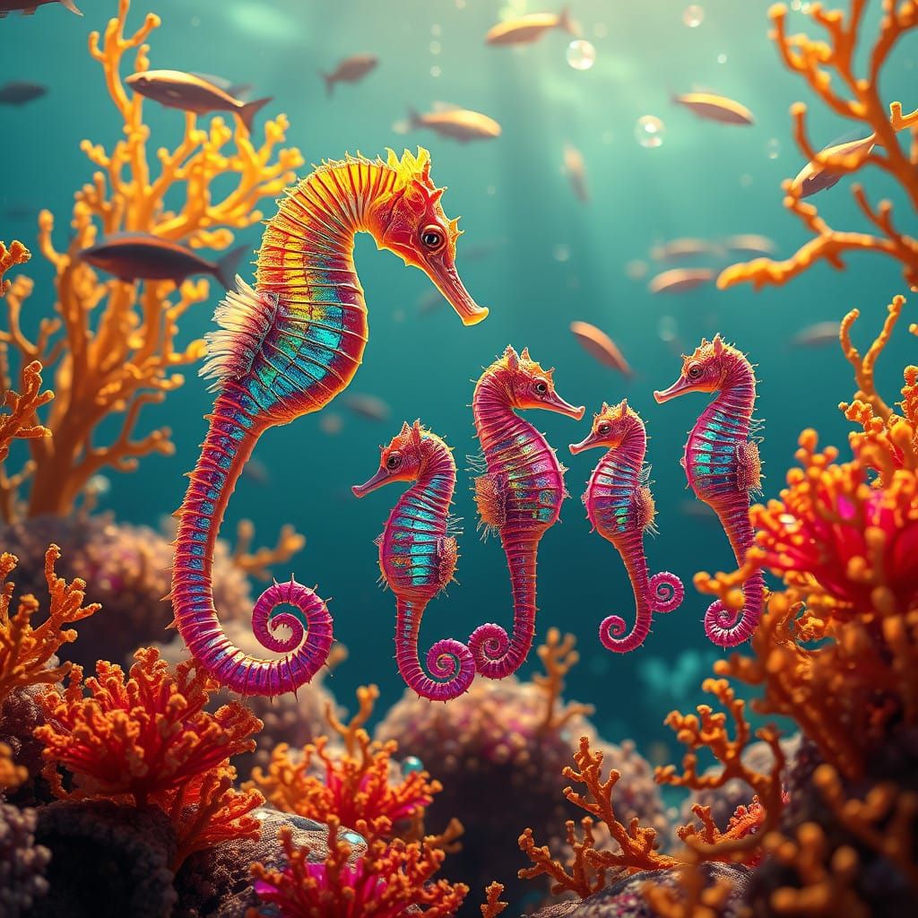 Vibrant Seahorse Family in Lush Coral Home