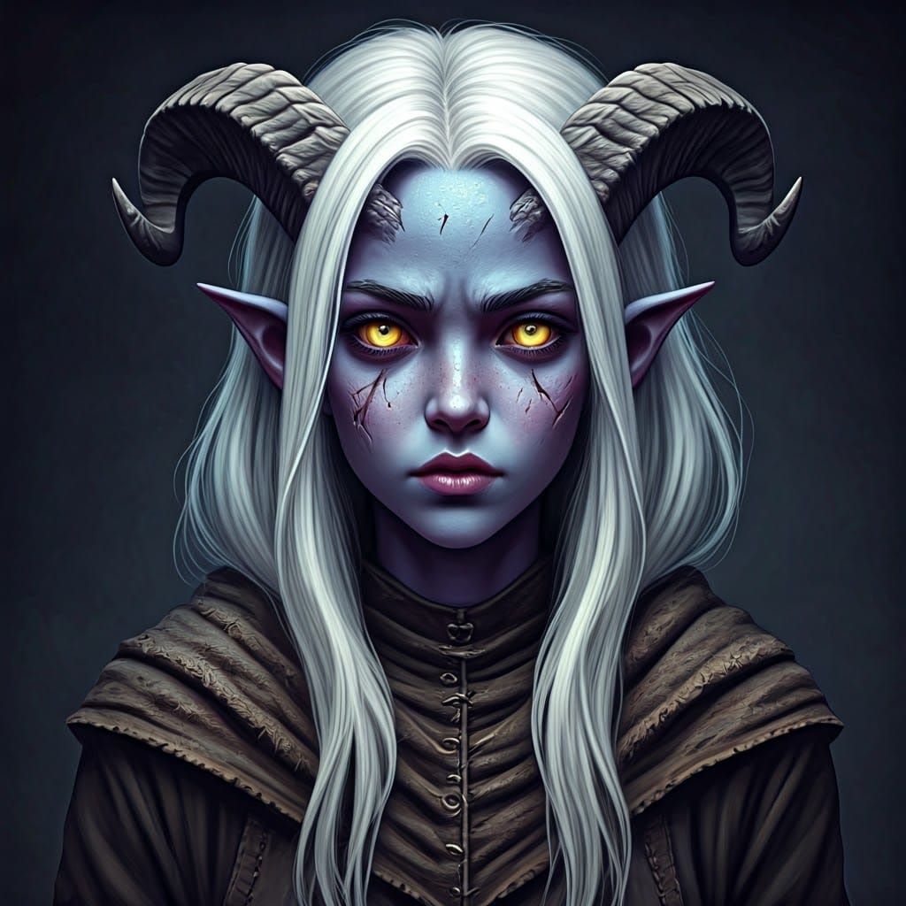 Tiefling Girl with Broken Horns in Dark Fantasy Style
