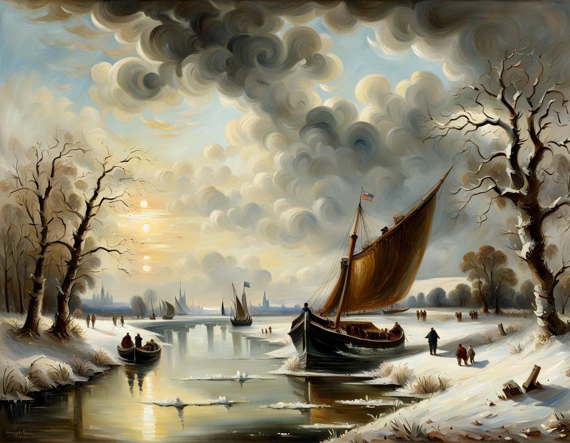 Frozen River Landscape with Thames Barge: Constable Style