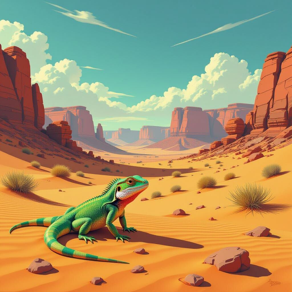 Lizard in Desert Landscape with Futuristic Elements