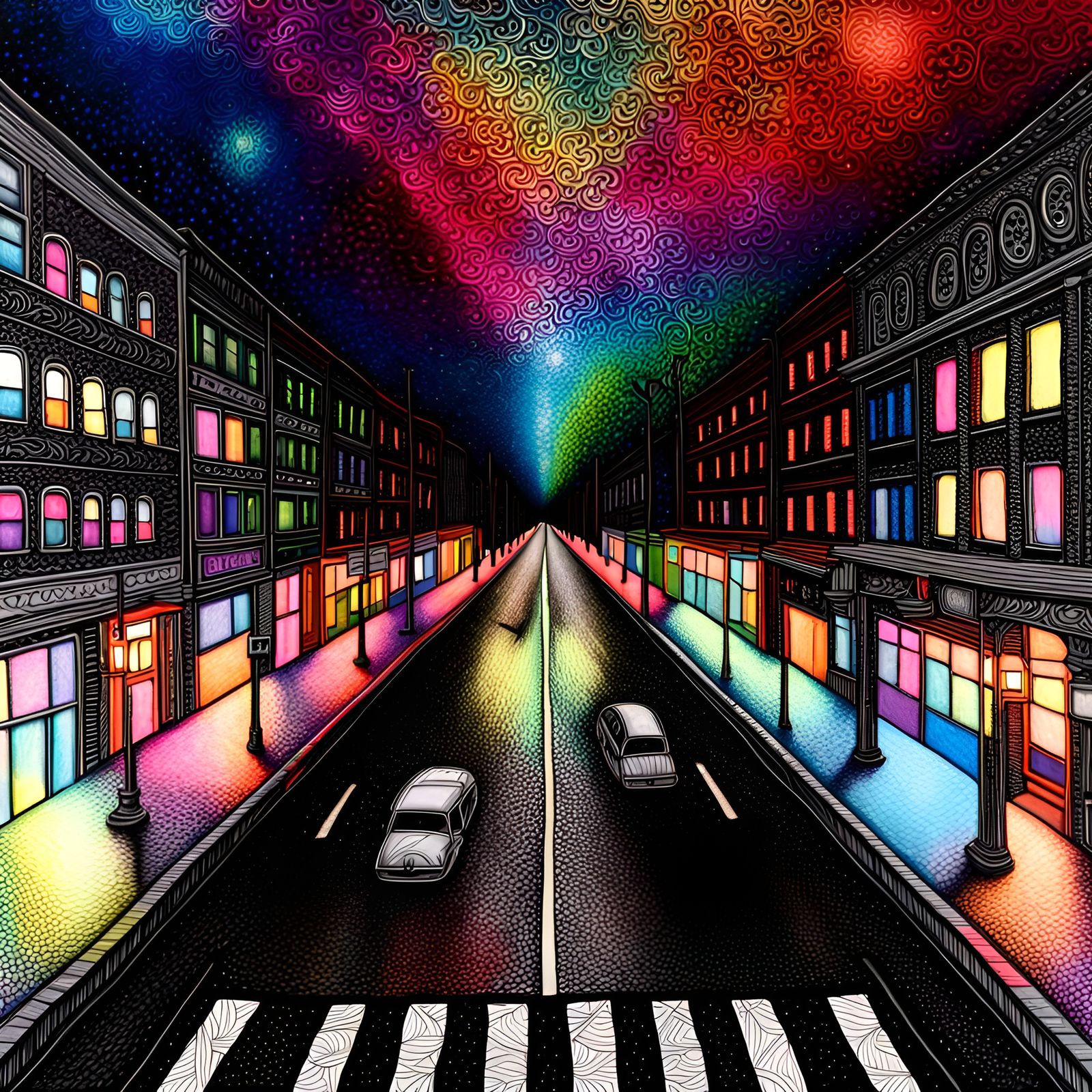 Vanishing point perspective, big city main street, Starry night sky, fantasy landscape made of Flemish lace