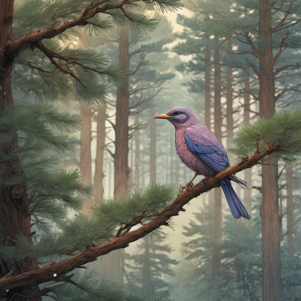 Bird on Branch in Moebius Style Line Art