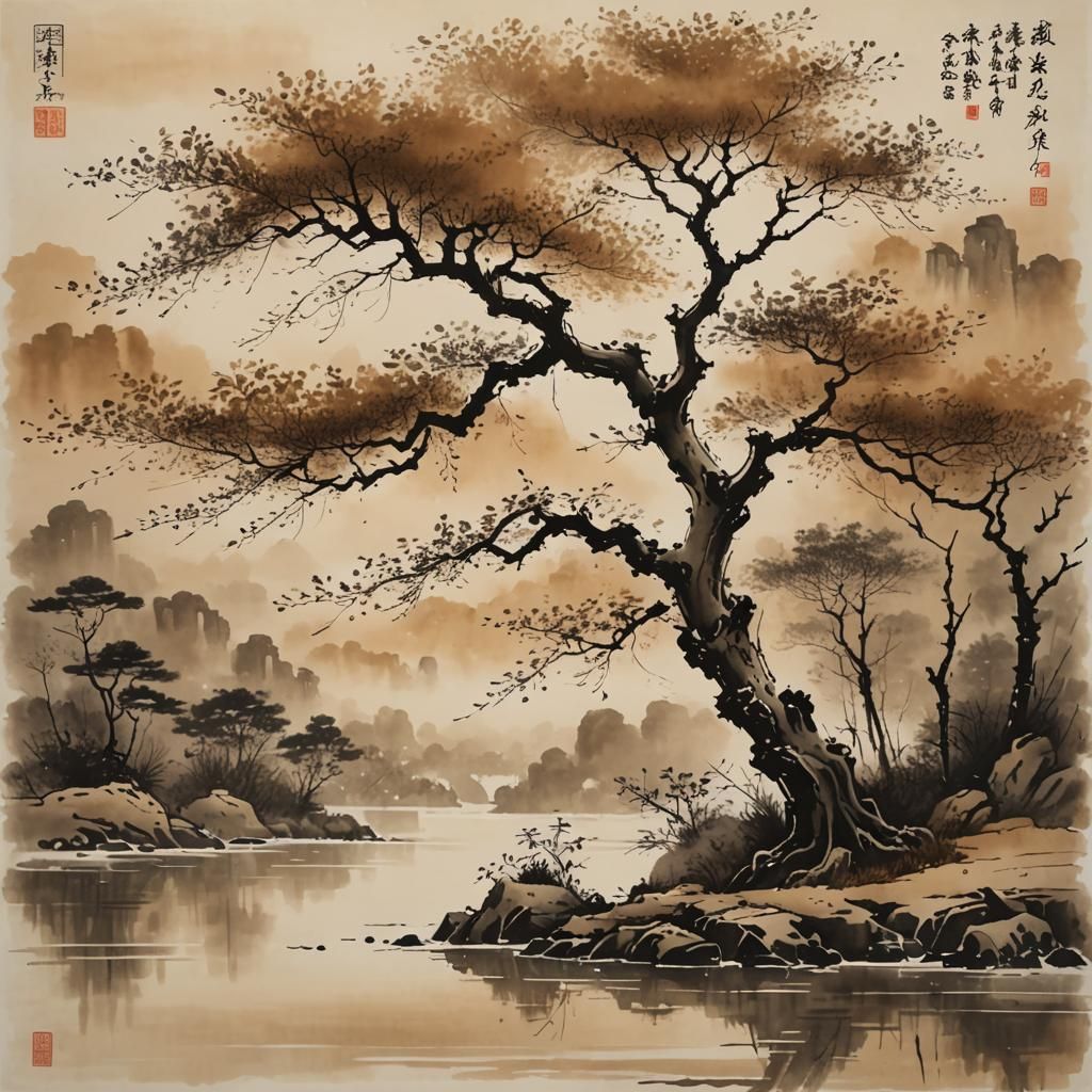 Tree by Water in Chinese Ink Painting Style