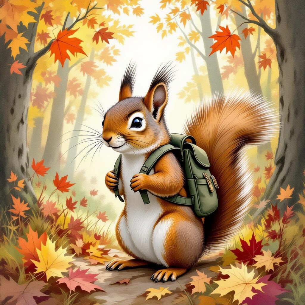 Squirrel with Backpack in Enchanted Forest