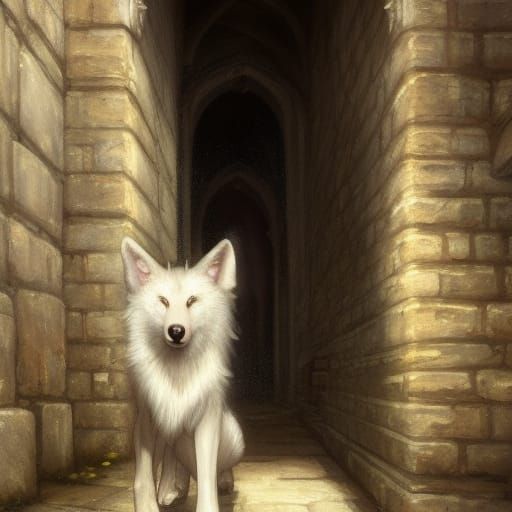 White Wolf Pup in Medieval Alleyway, Pre-Raphaelite Painting