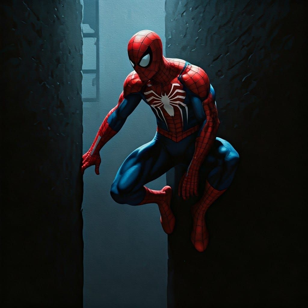 Spider-man in Dark Alley, Neo-Noir Oil Painting