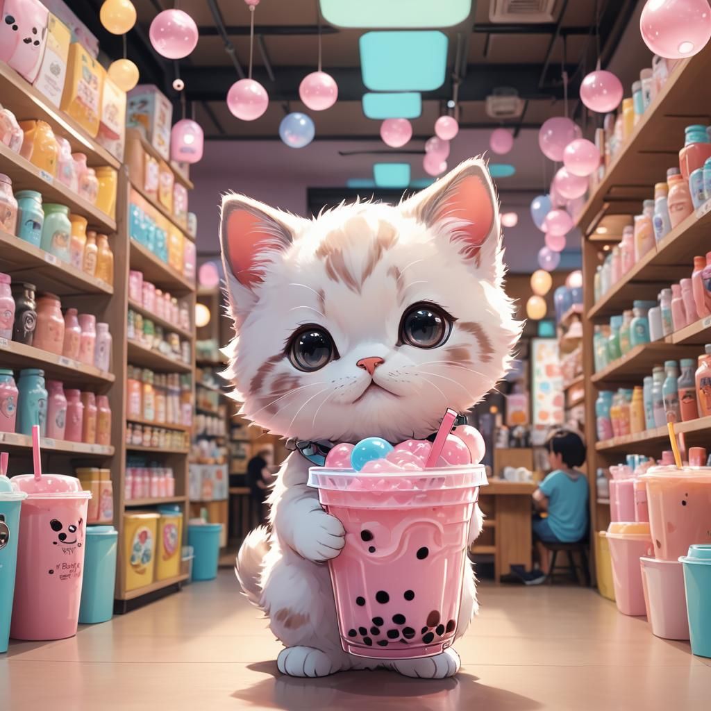 Cute Cartoon Kitten with Bubble Tea, Anime Style
