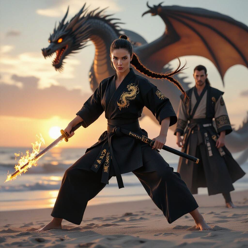 Female Warrior With Fiery Katana and Dragon Guardian