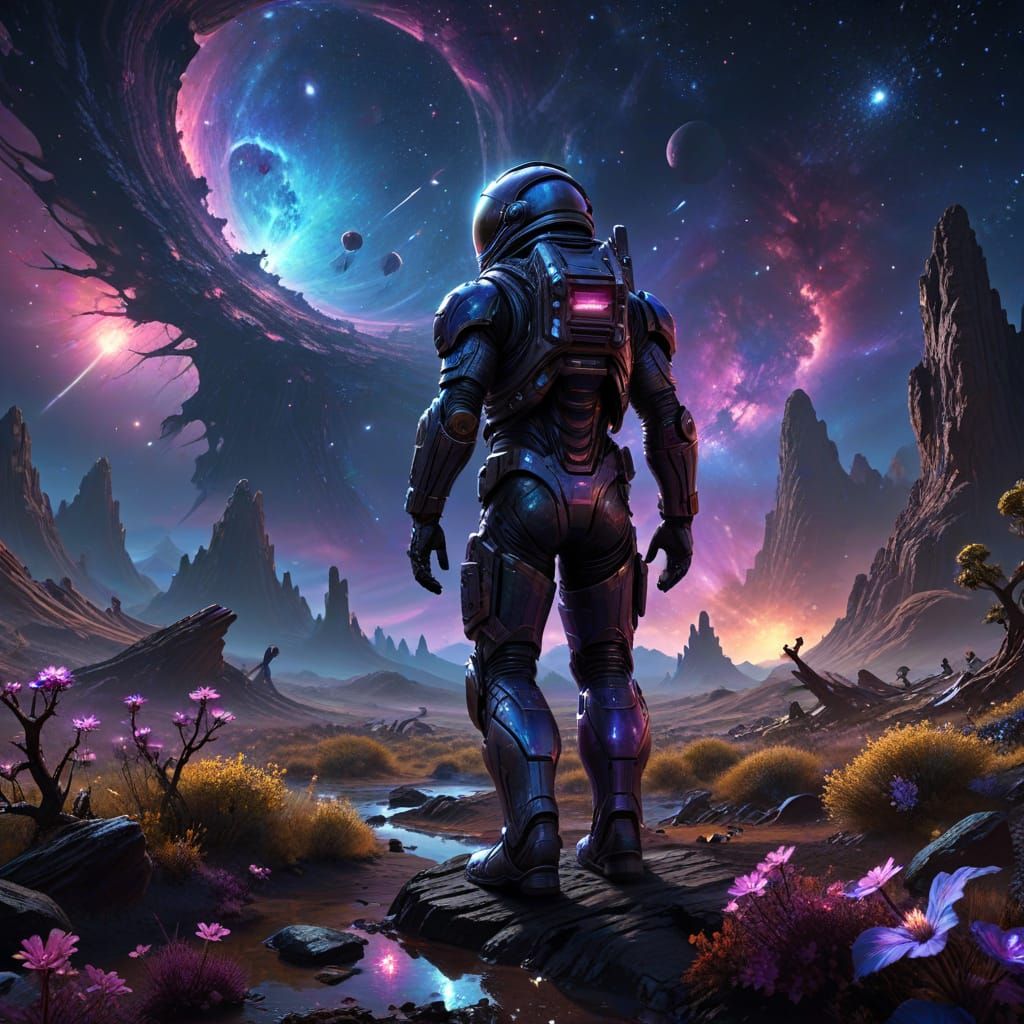 Astronaut Explores Alien Planet with Glowing Flora