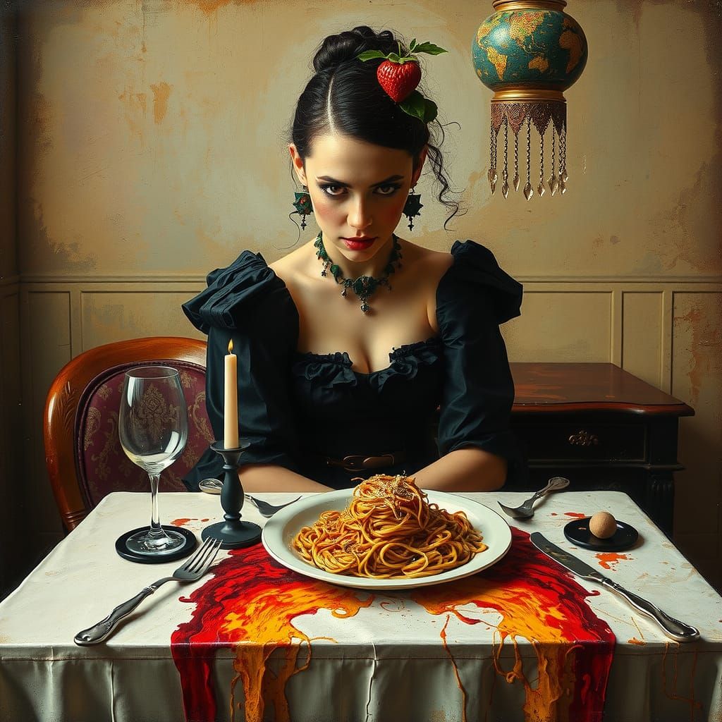 Encaustic Woman at Restaurant in Velasquez Style