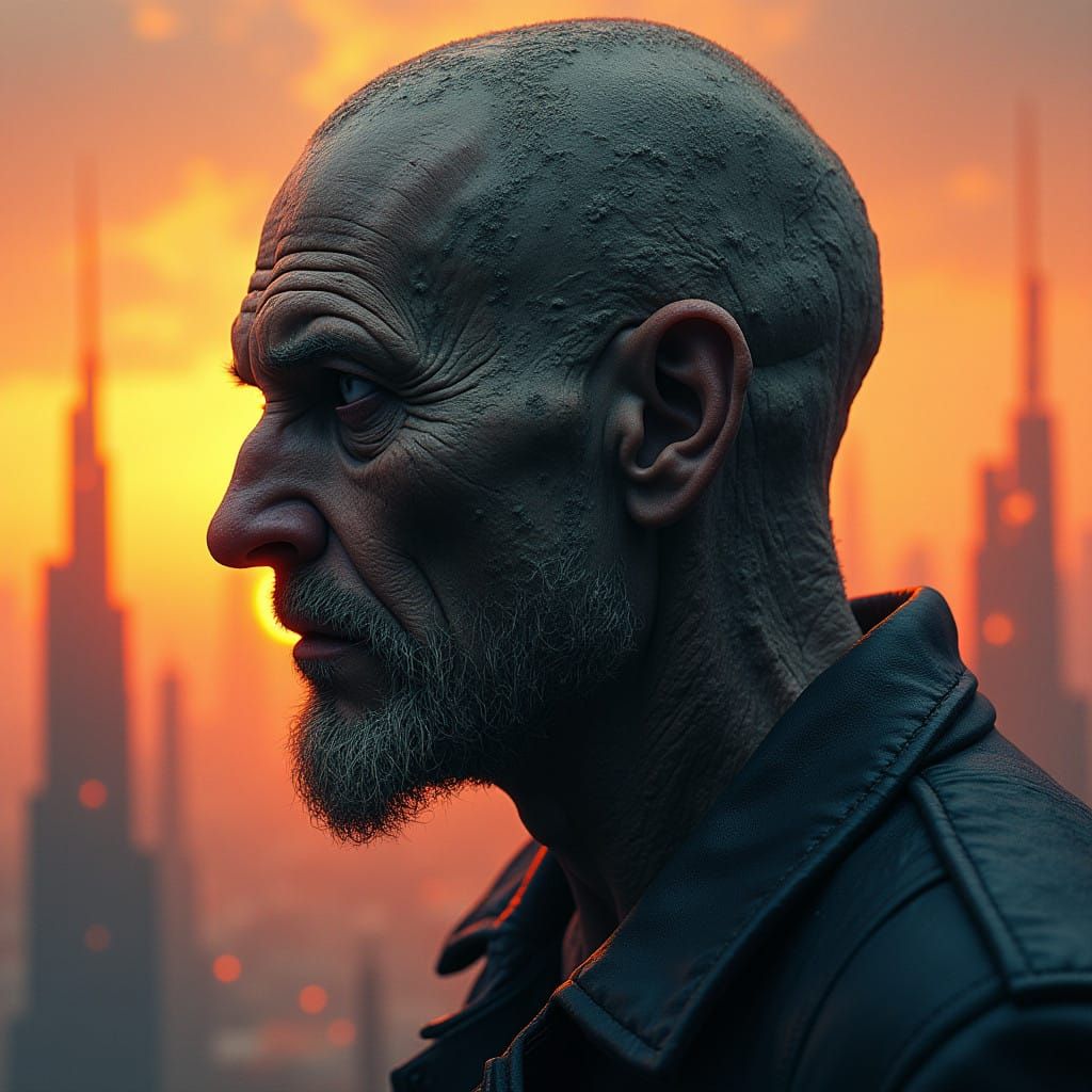 Stoic Man Transformed into Granite, Sunset Cityscape Backgro...