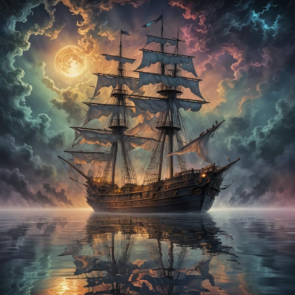 Epic Ghost Ship Reflection in Oil with Magic Fog