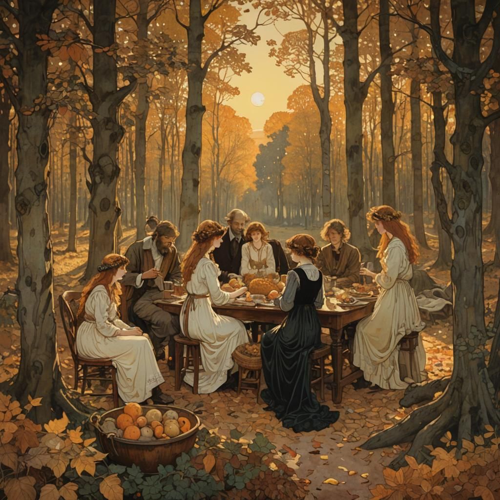 Autumn Family Gathering in Vibrant Art Nouveau Style