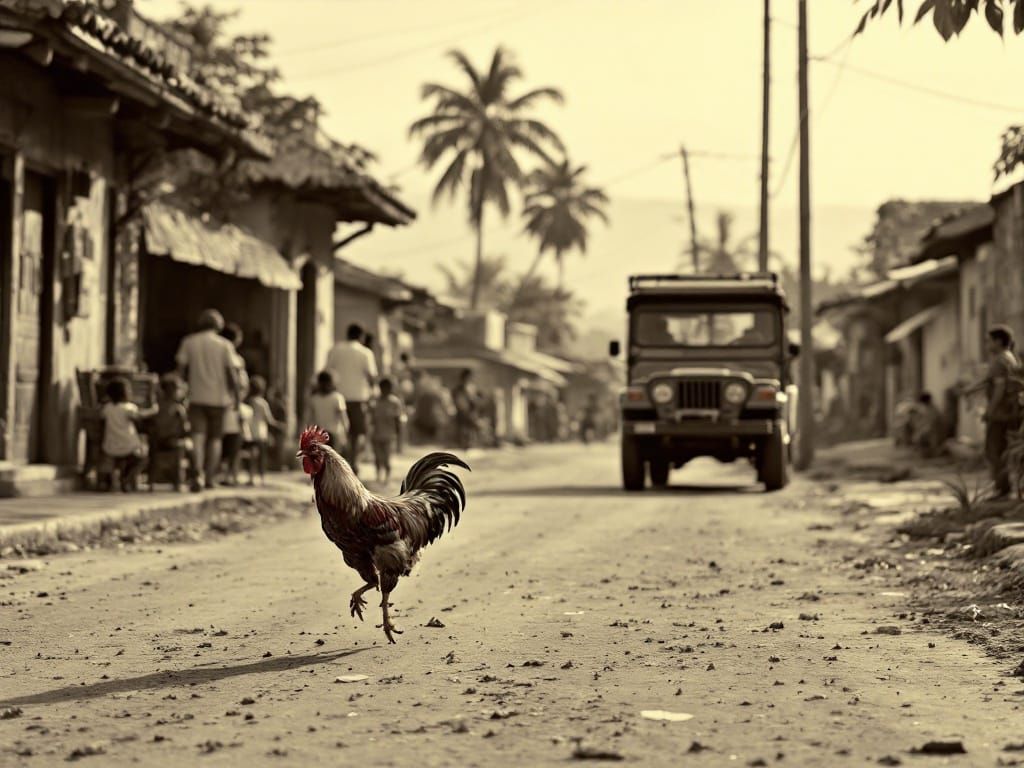 Rooster Runs Through Sepia Village Street
