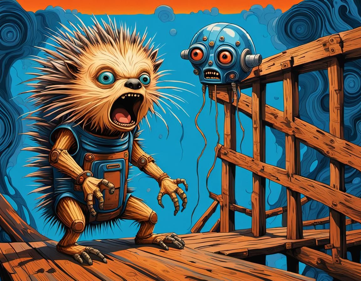 Anthropomorphic Alien Screaming on a Bridge in Expressionist...