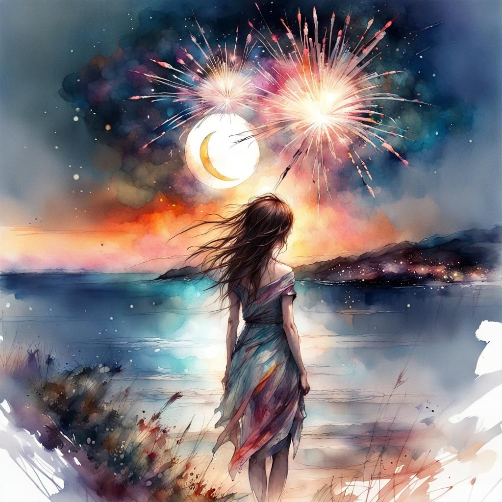Fireworks Over the Sea in Digital Watercolor